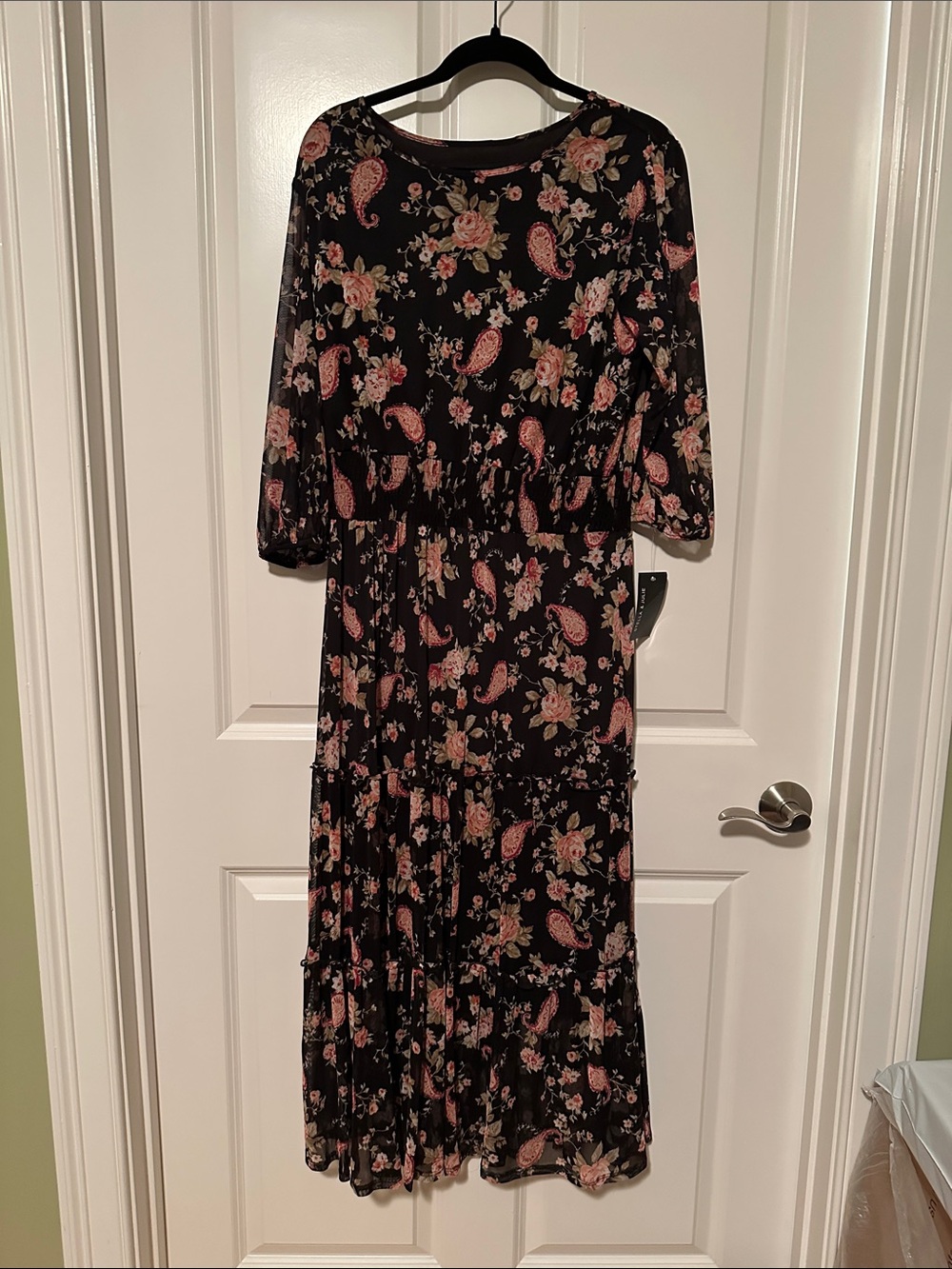 Stella & Julie Floral Tiered Maxi Dress - Black with Pink Floral 16W NWT